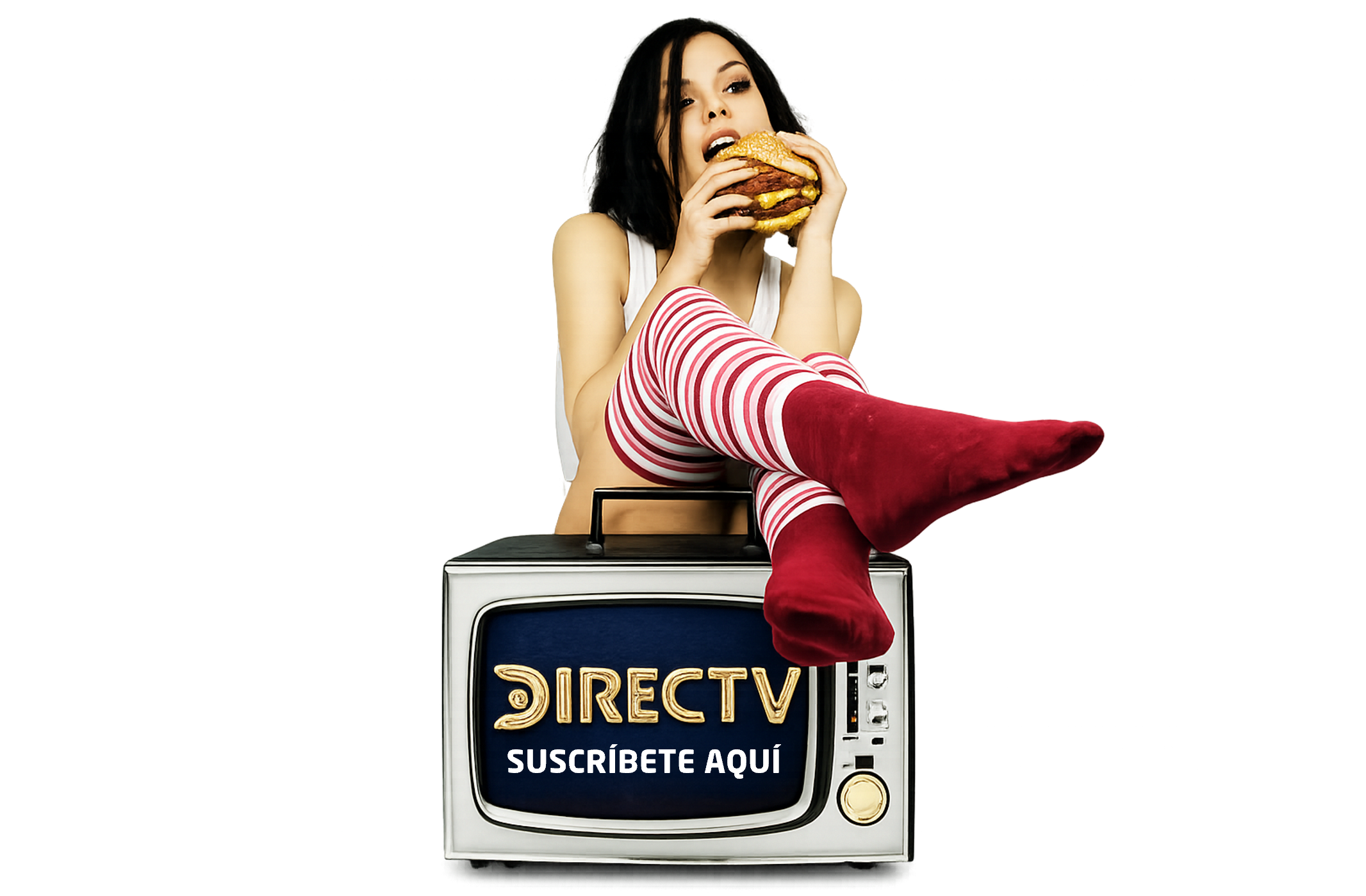 CHICA COMIENOD HAMBURGUESA Y UN TV DIRECTV SUSCRÍBETE AQUÍ COMUNICATE.COM.CO